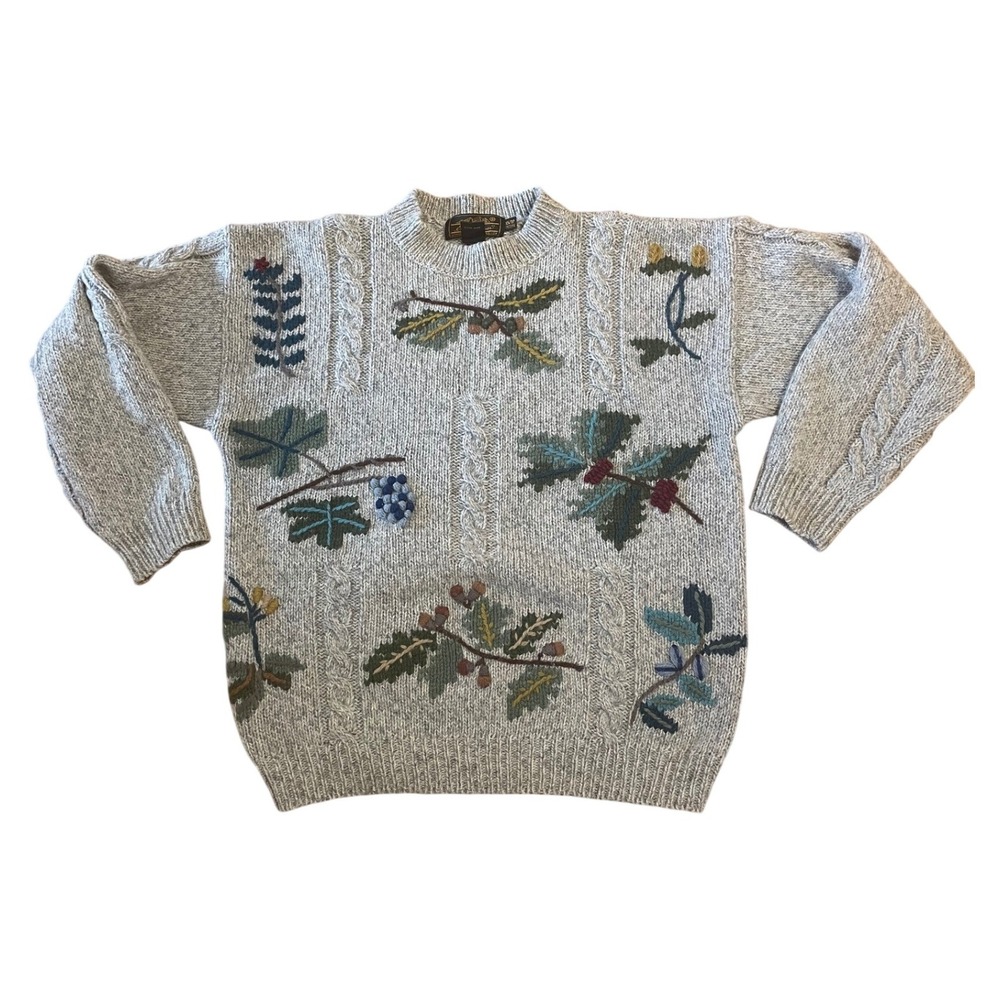 Vintage Eddie Bauer Sweater Embroidered Leaves Acorns Cable Knit‎ Cottagecore